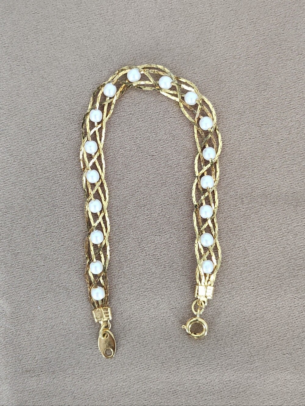 Vintage Avon Gold-Tone Braided Bracelet with White Faux Pearls
